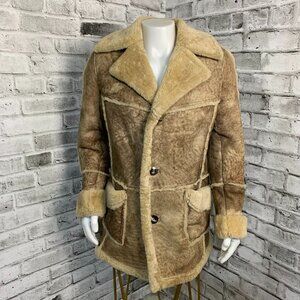 Vintage 70s Shearling Sheepskin Coat Mens 42 Tan Rancher Boho Western Marlboro